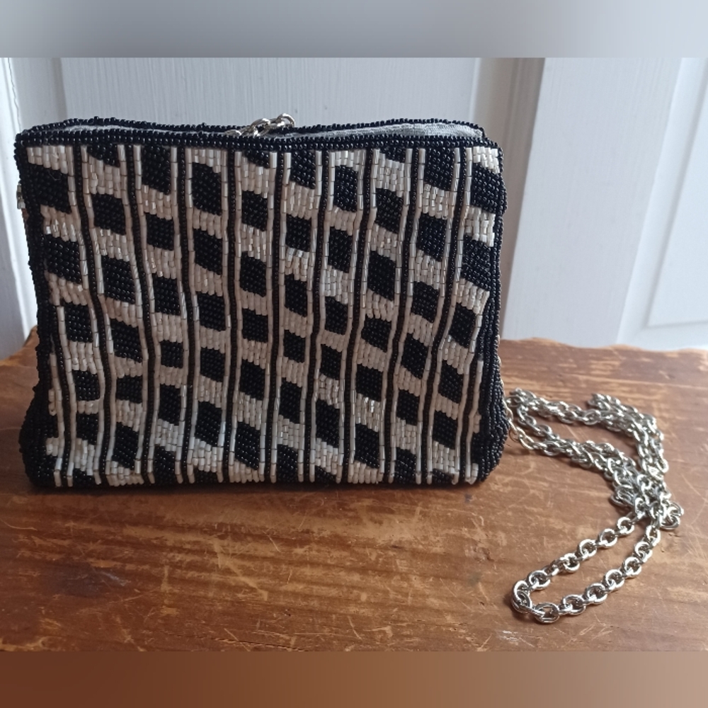 Inge Christopher Black and White Beaded Clutch Bag With Chain